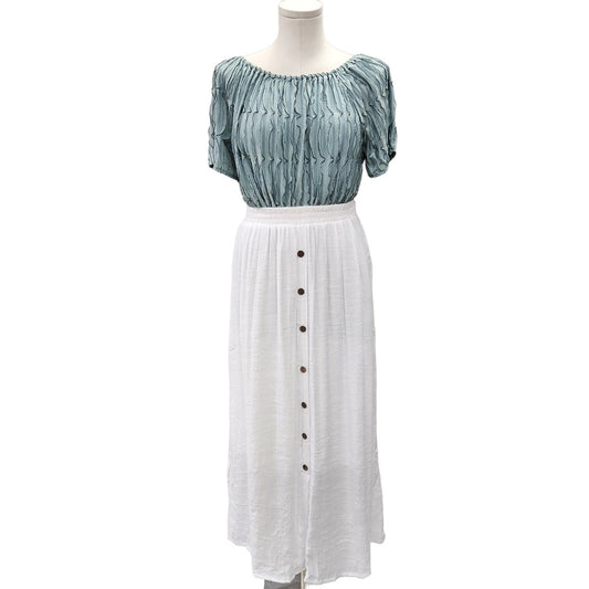 White summer skirt with elastic waistaband and button detail