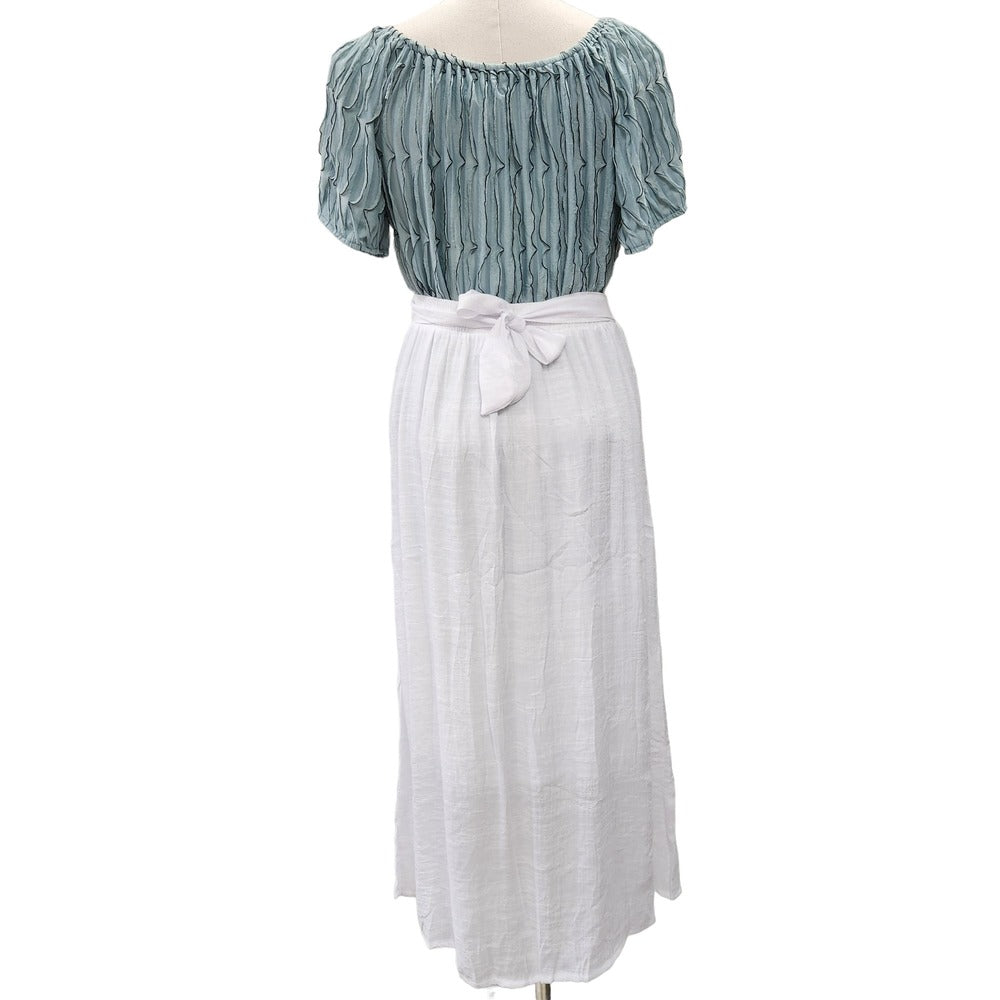 Rear view of Summer skirt with elastic waistaband and button detail