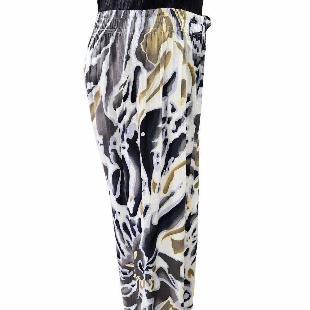 Side view of culottes with white background and camouflage print