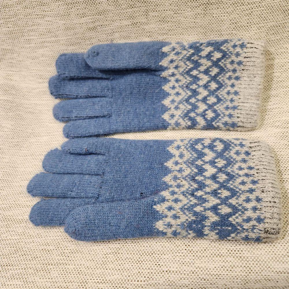 Blue gloves with pattern woven in grey