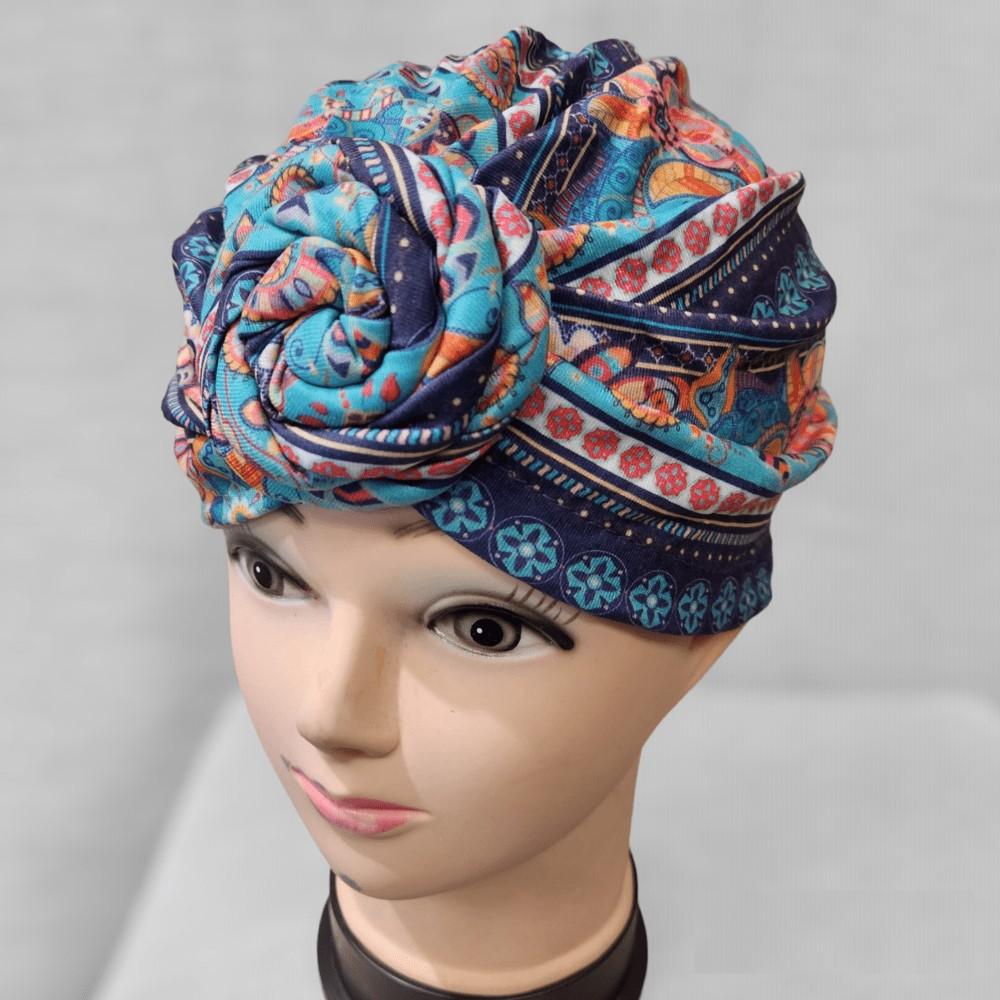 Light & dark blue- Colorful printed flower knot headwrap