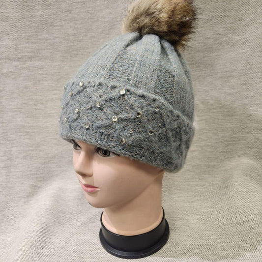 Grey winter beanie with pom pom and stone embellished brim