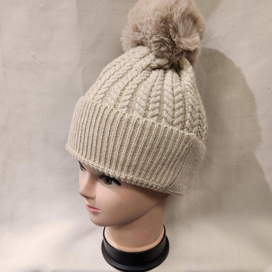 Rope knit light beige winter beanie with pom pom
