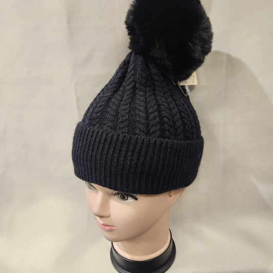 Rope knit black winter beanie with pom pom