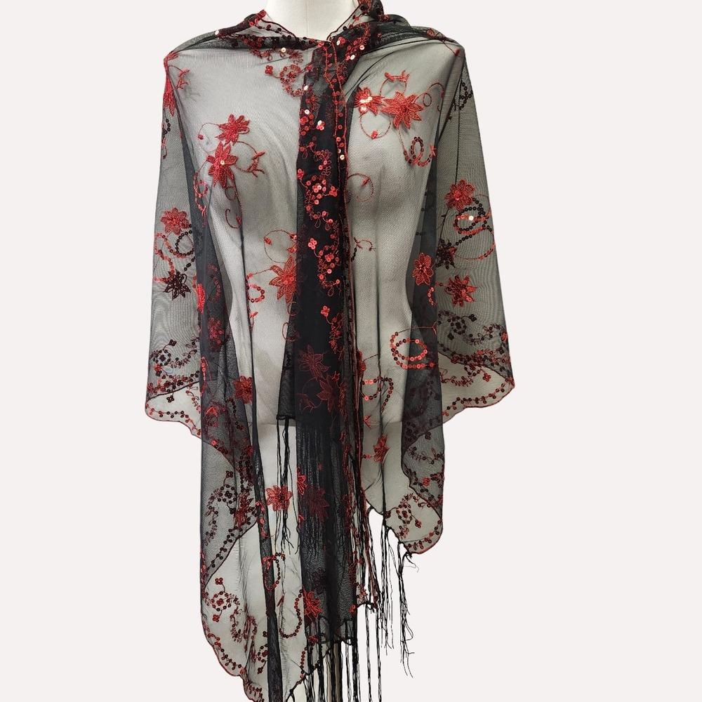 Black scarf with red embroidery & sequins