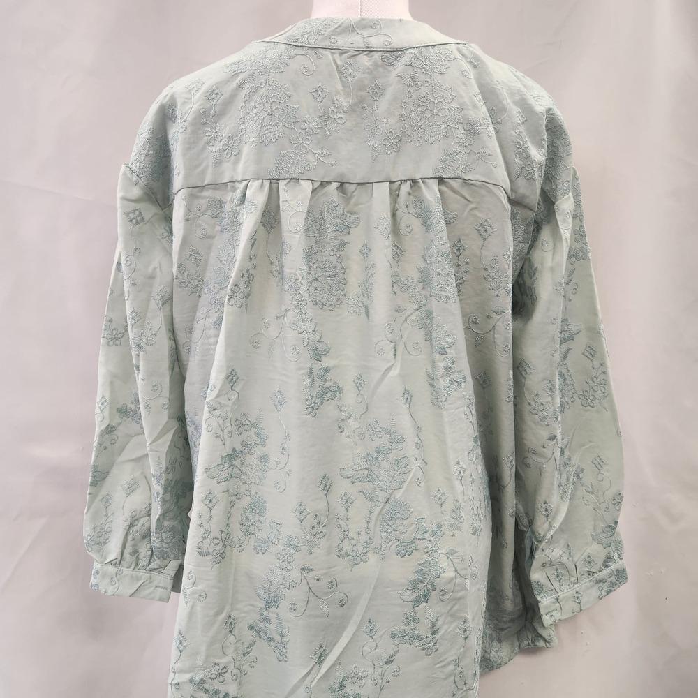 Rear view of Pistachio green buttoned front long sleeve top