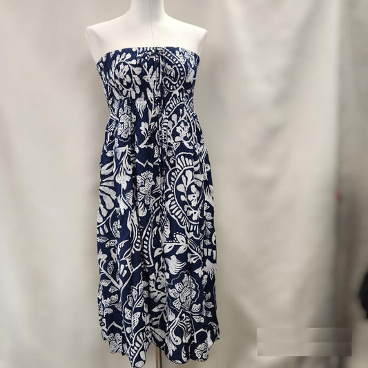 Floral print blue and white shoulder less top