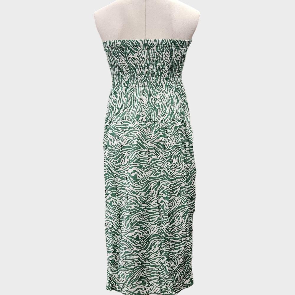 Rear view of Zebra print green and white shoulder less top