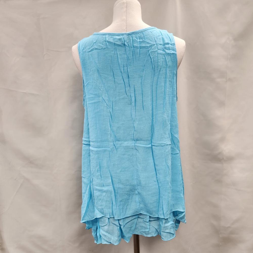 Rear view of Light turquoise layered sleeveless summer top