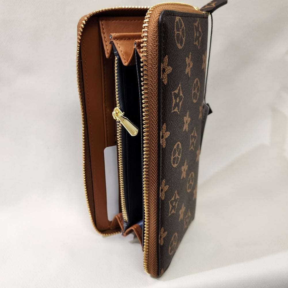Tan zipper trim of floral print wallet
