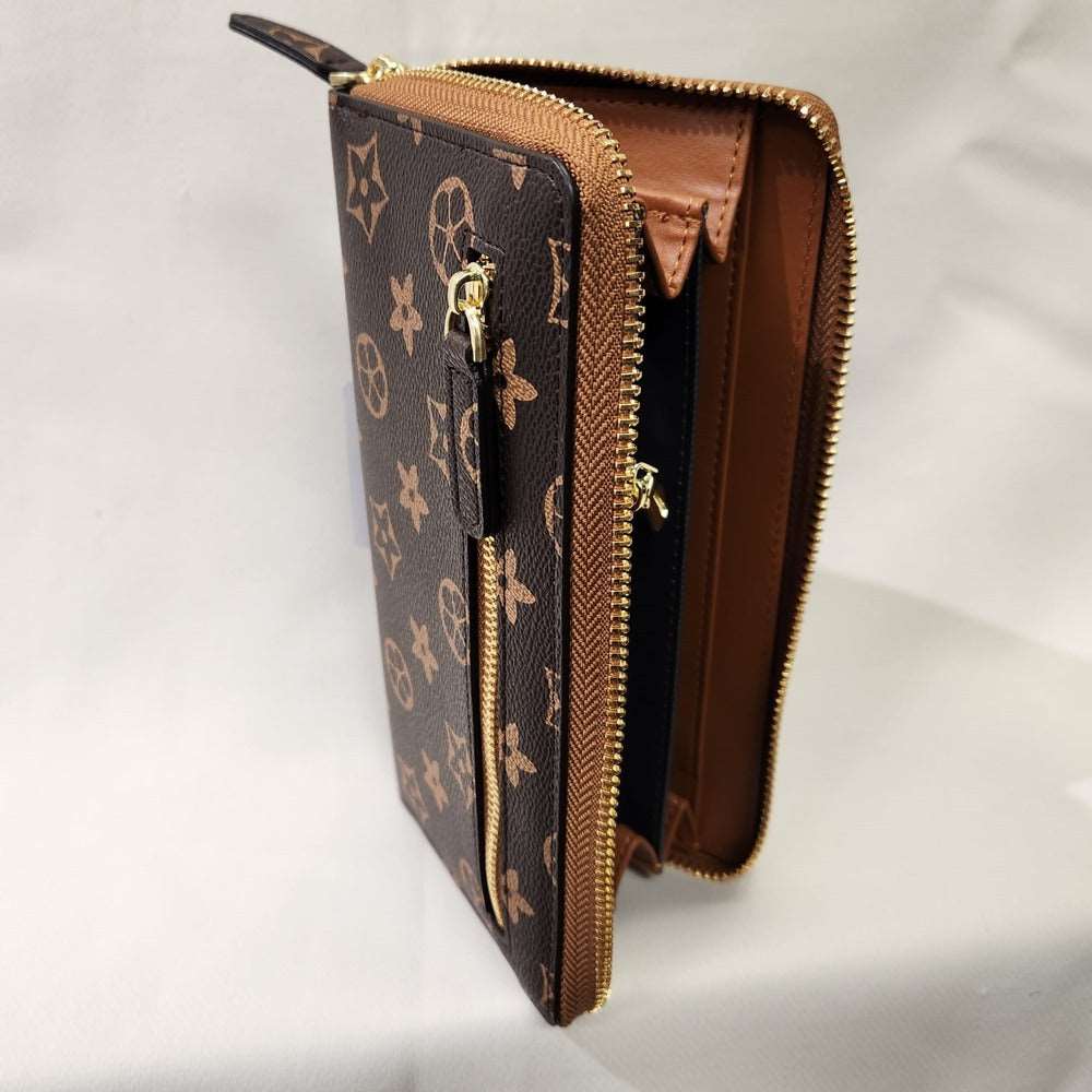 Small zipper pocket and main zipped compartment of floral print wallet