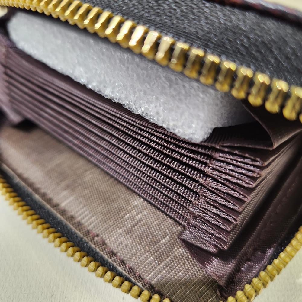 Another view of brown checkered print card holder