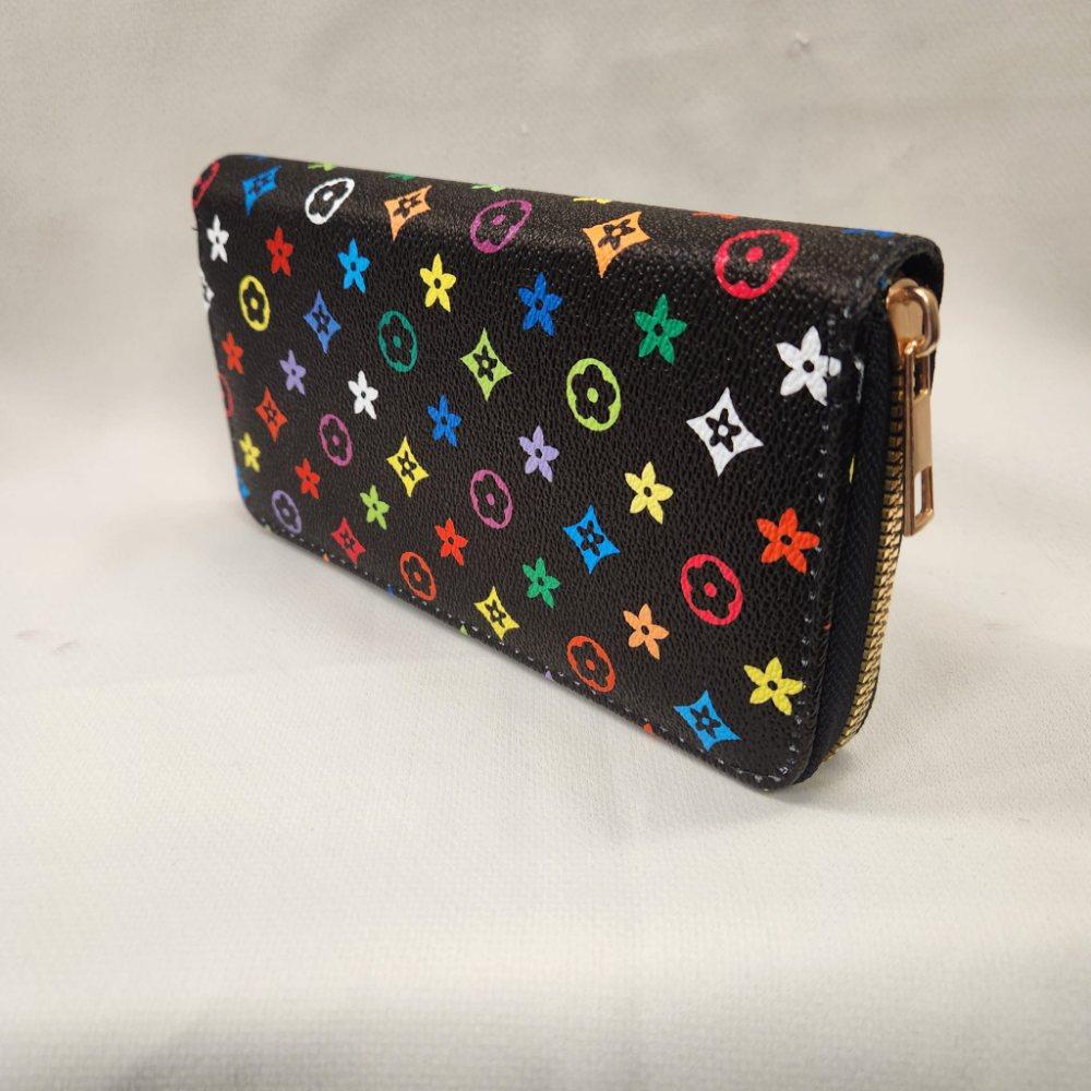 Brown wallet with multicolored floral pattern