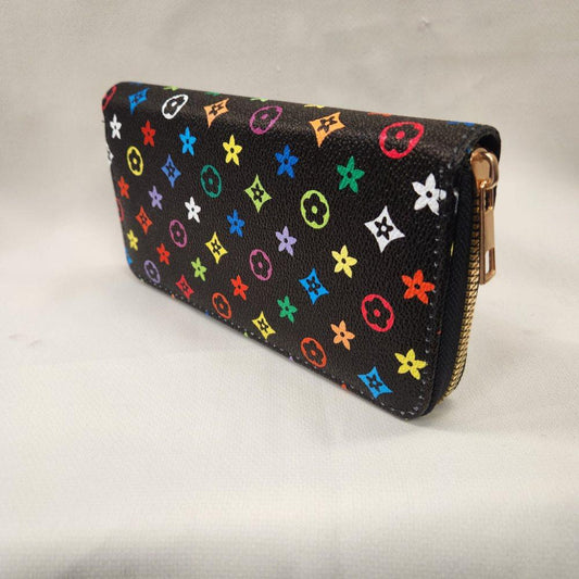 Brown wallet with multicolored floral pattern