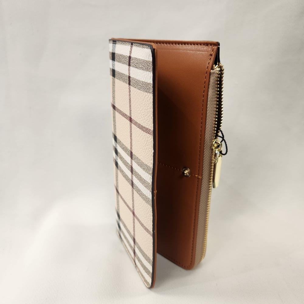 Beige colored plaid pattern wallet with multi colored stripes placed vertically