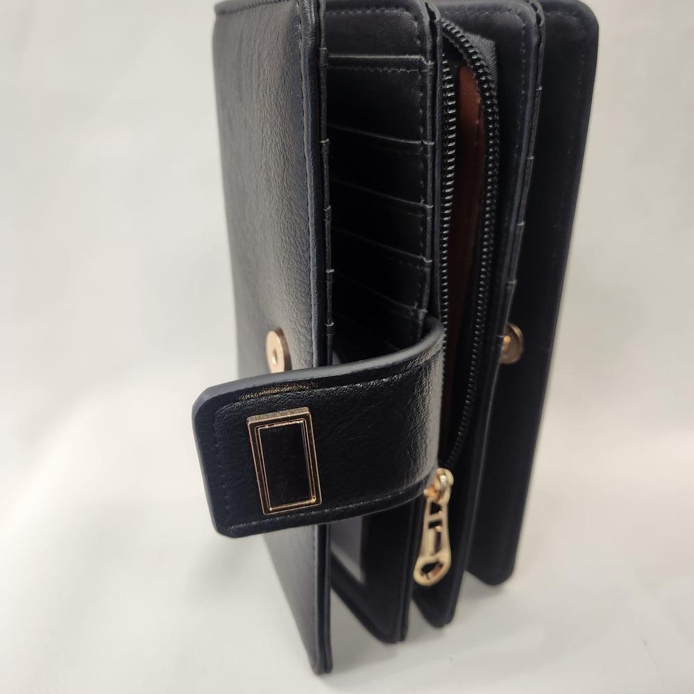 Alternative view of multi compartment black wallet with gold hardware