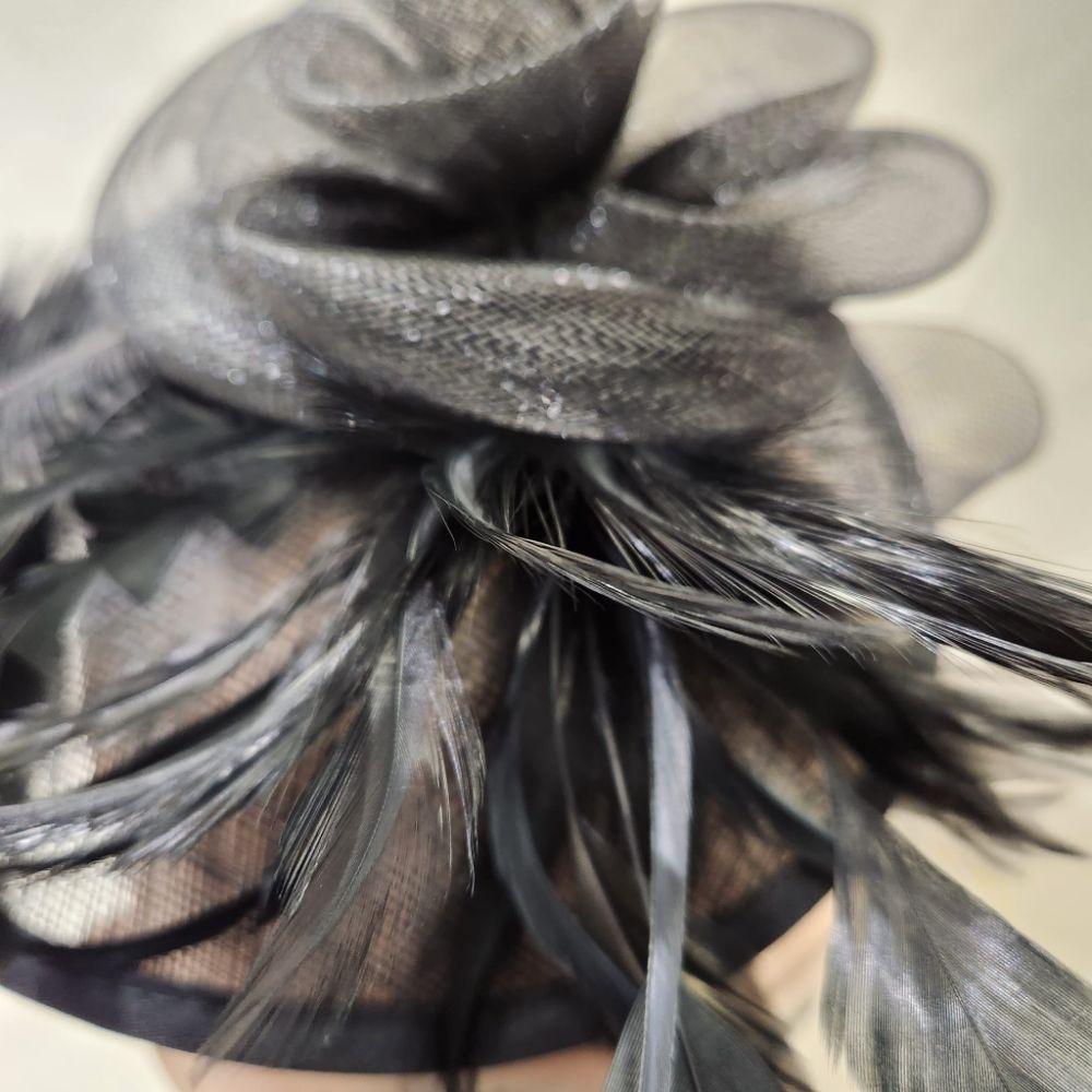 Fur and net detailing on black fascinator