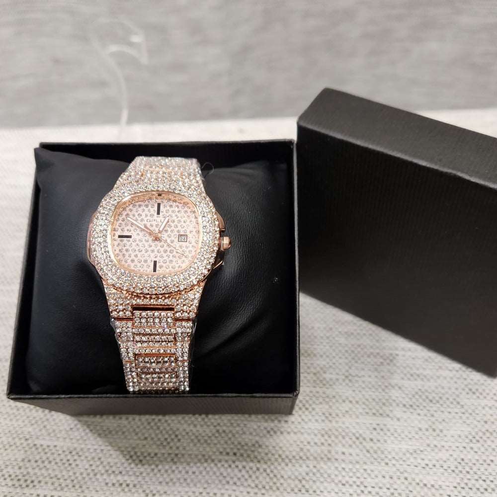Beautiful wrist watch in rose gold with stone embellished strap and dial