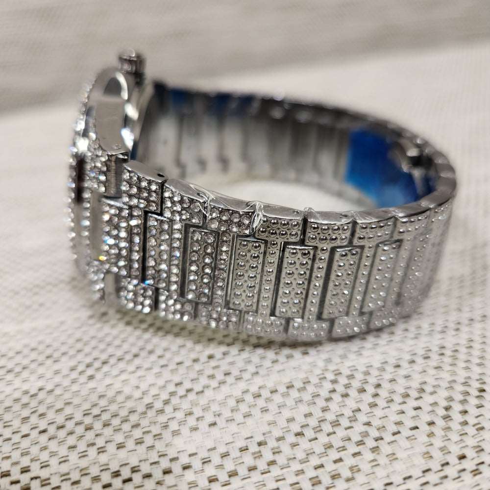 Detail of strap of silver color wrist watch