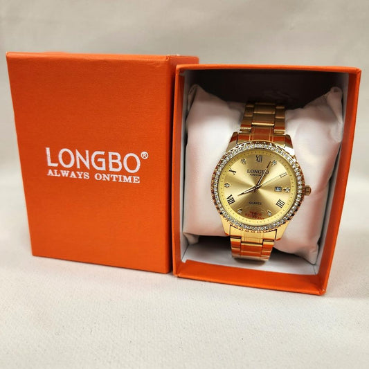 Round face stone studded rim wristwatch for women