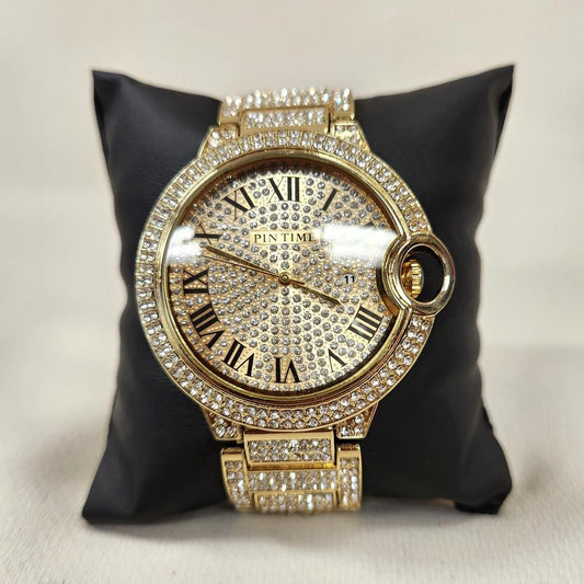 Round face gold wrist watch with stone embellished strap and dial