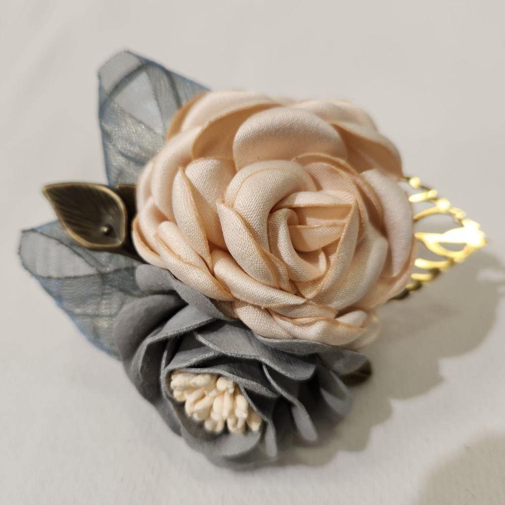 Floral dual purpose brooch and hair clip in shades of cream and grey