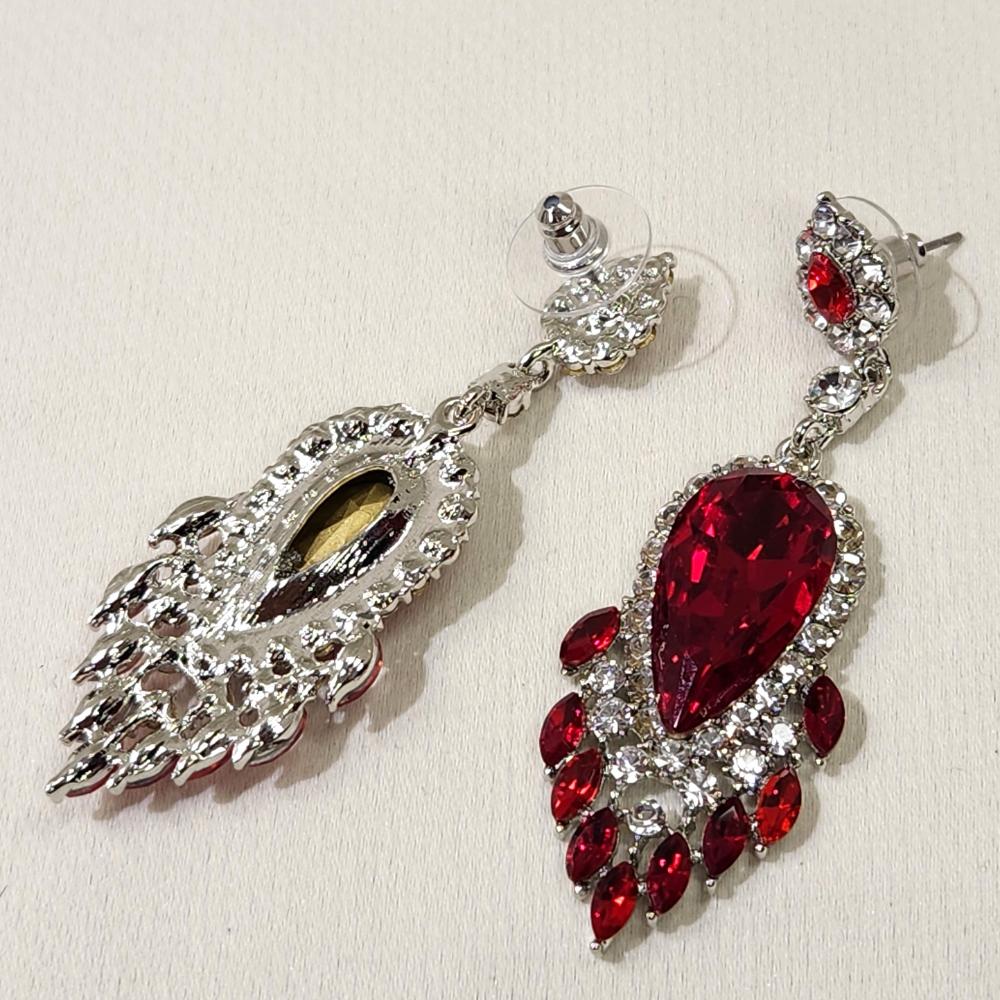 Push back post of Silver frame dangle earrings with clear and red stones