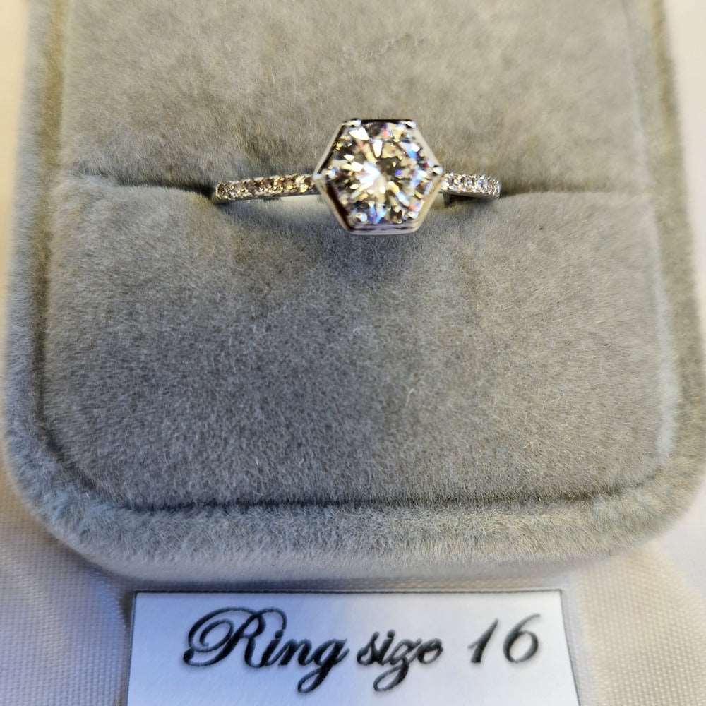 Detailed view of delicate bezel set silver frame ring