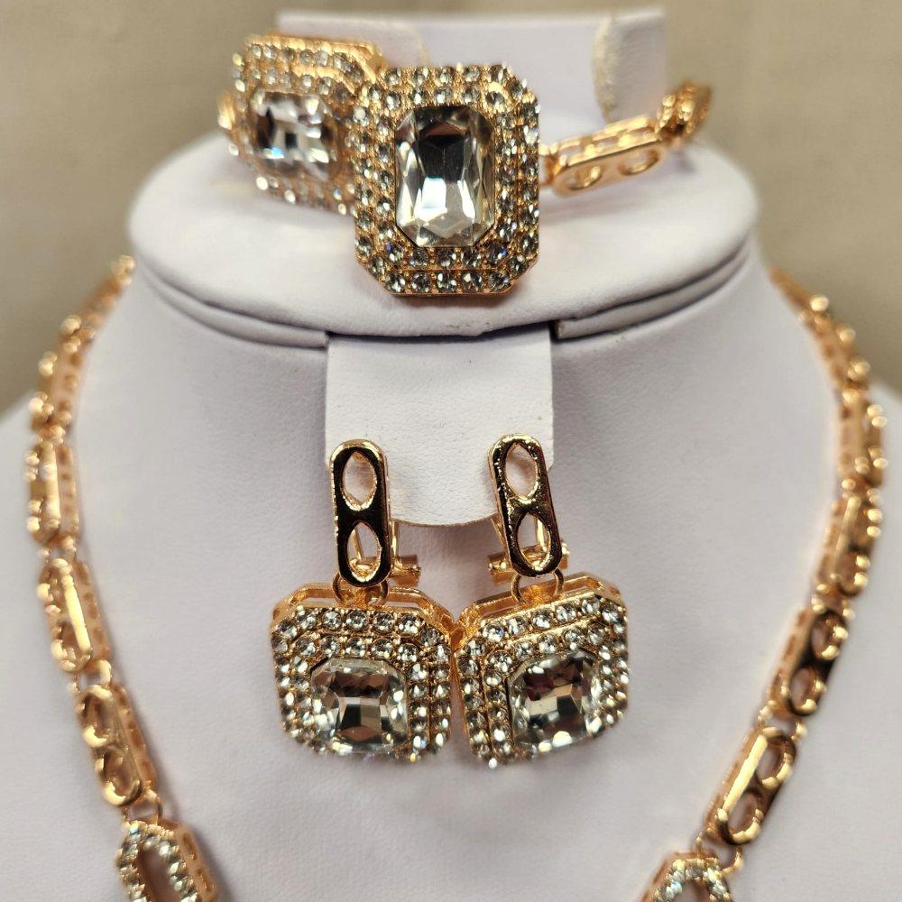 Detailed view of five piece sparkly stone set