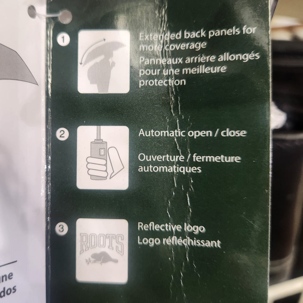 Tag with extended coverage black roots umbrella