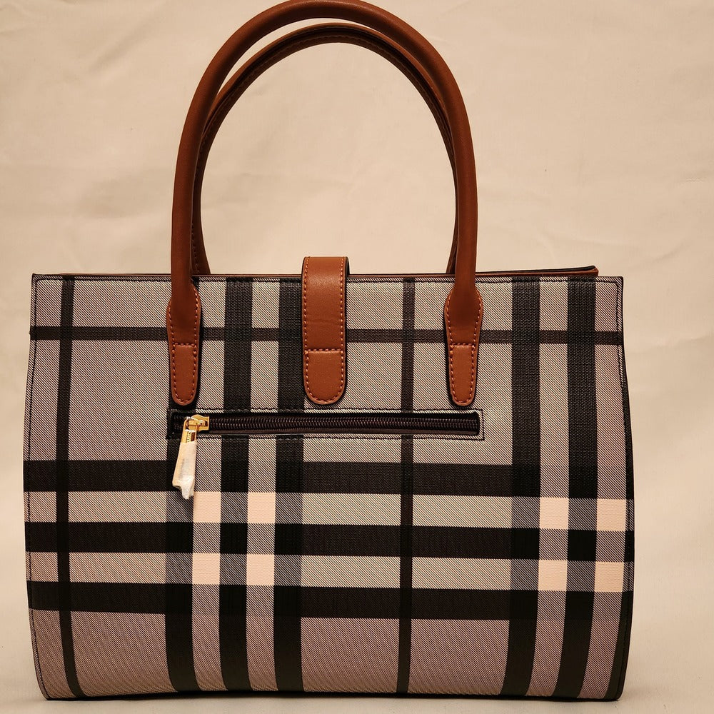 Rear view of plaid pattern handbag