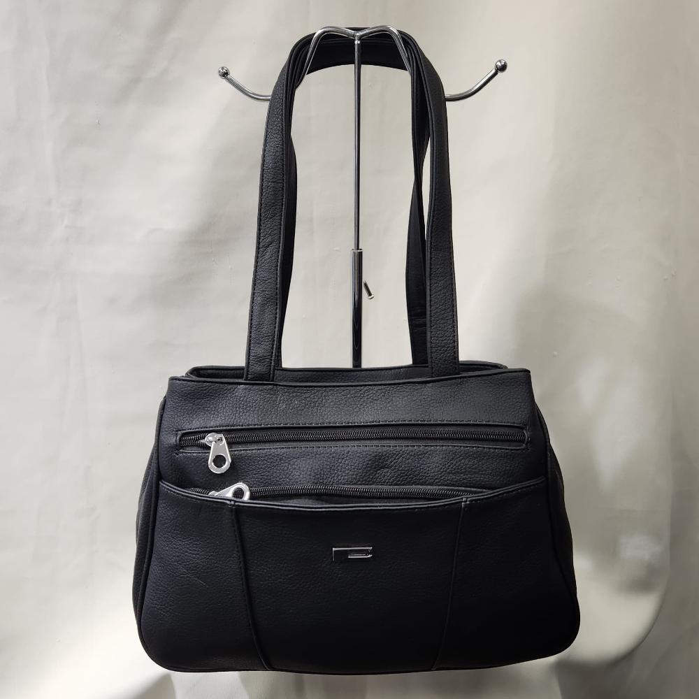 black handbag with compartments