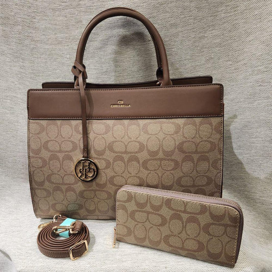 Signature print handbag with brown top handle and wallet