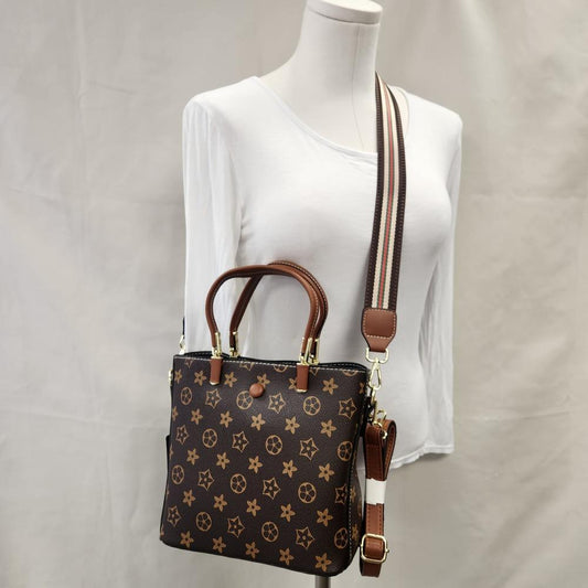 Brown handbag with tan graphic print 