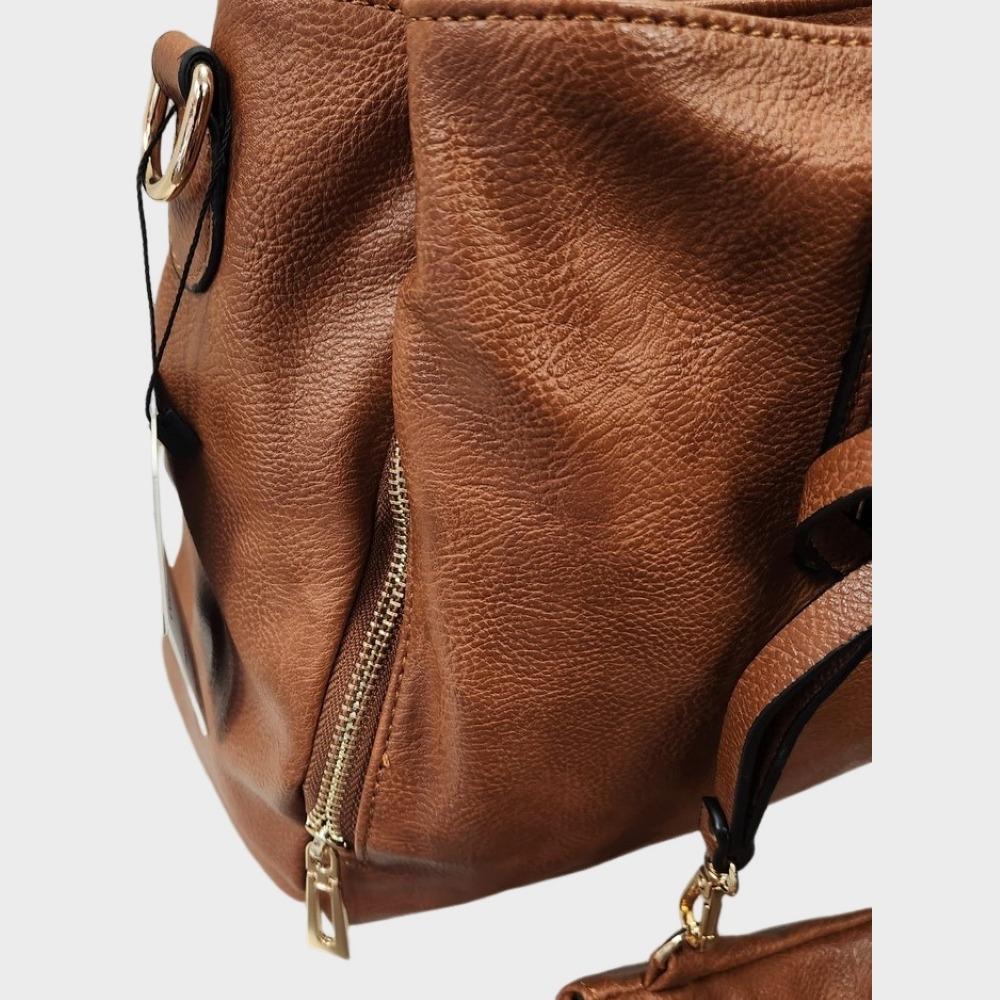Side view Tan handbag with multiple compartments