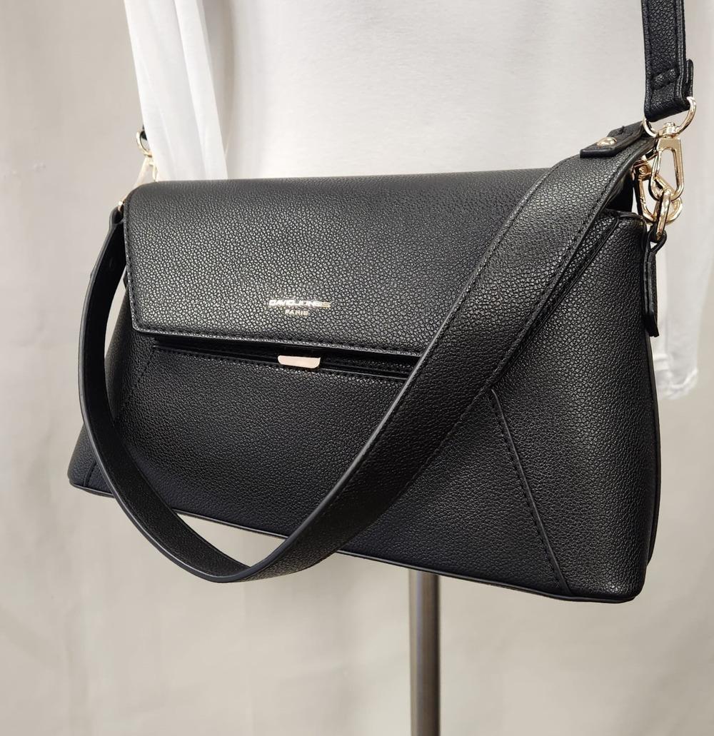 Detailed front view of Elegant black handbag with two straps