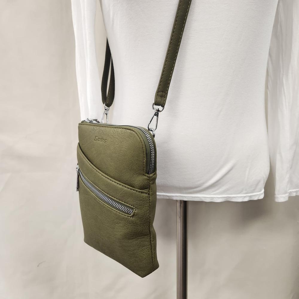 Front view of Small olive colored side bag