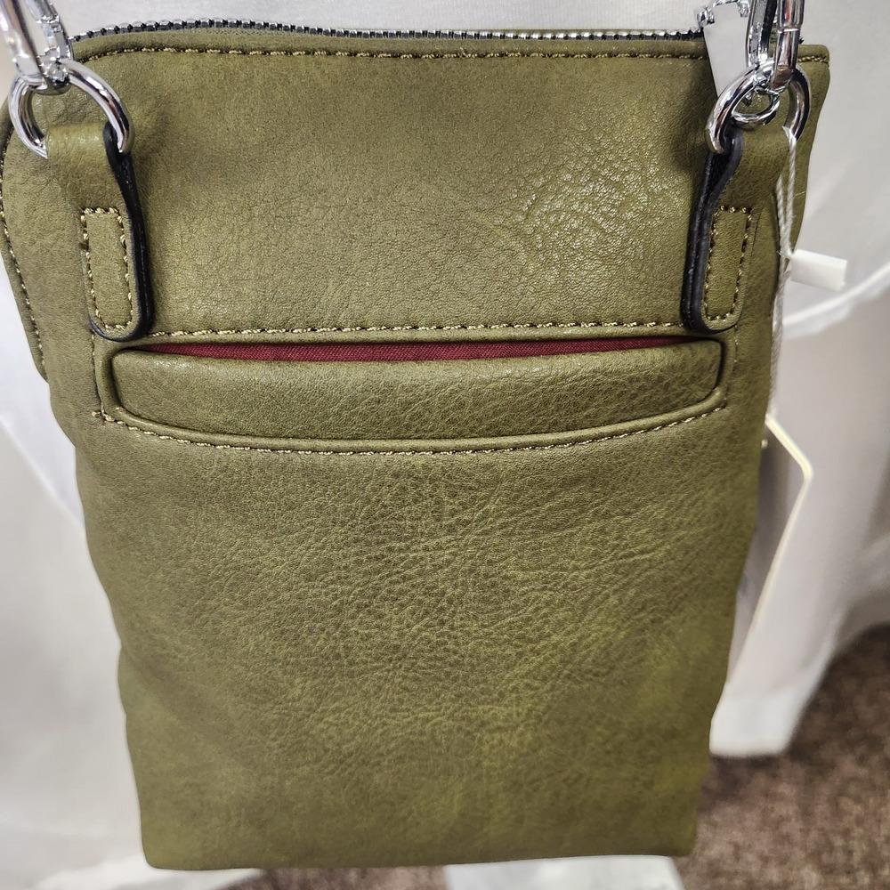 Detailed rear view of Small olive colored side bag