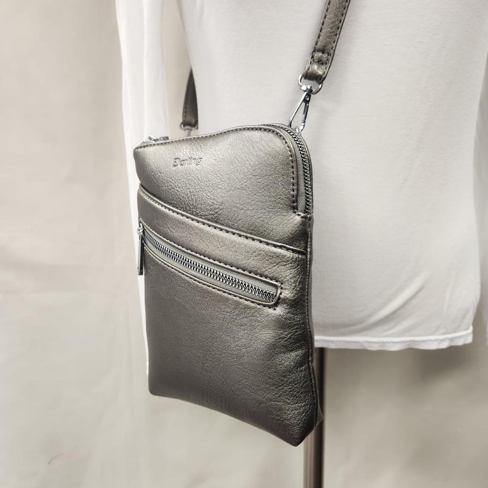 Detailed front view of Small metallic grey colored side bag