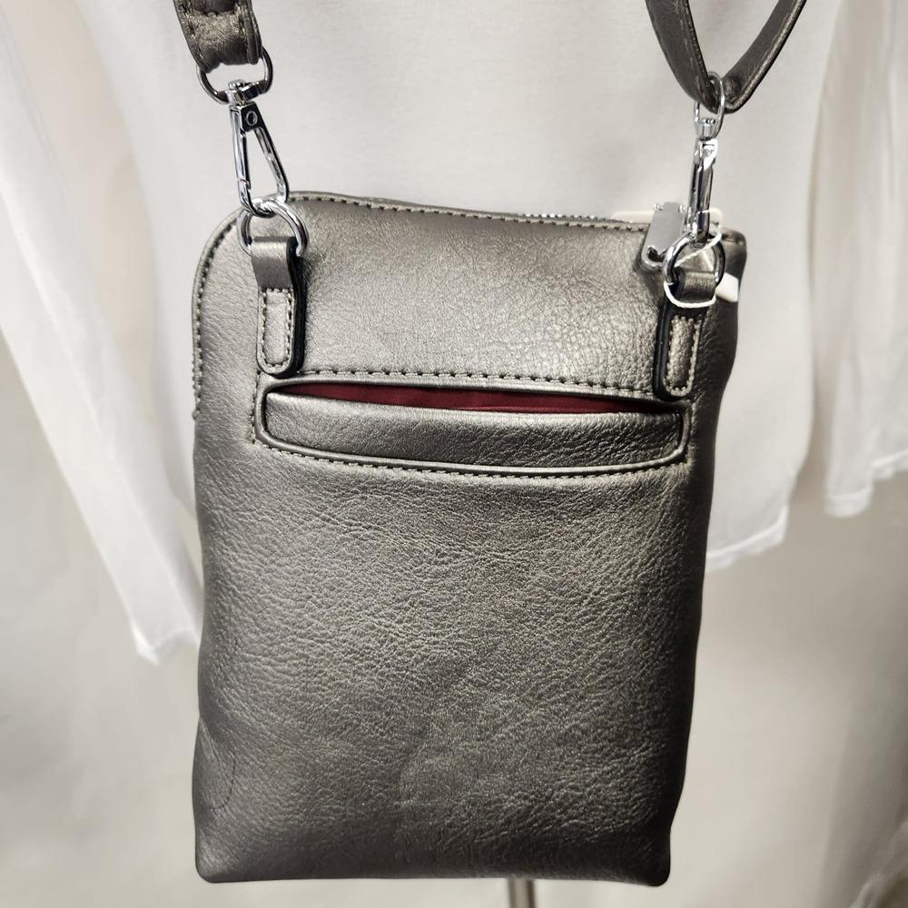 Detailed rear view of Small metallic grey colored side bag