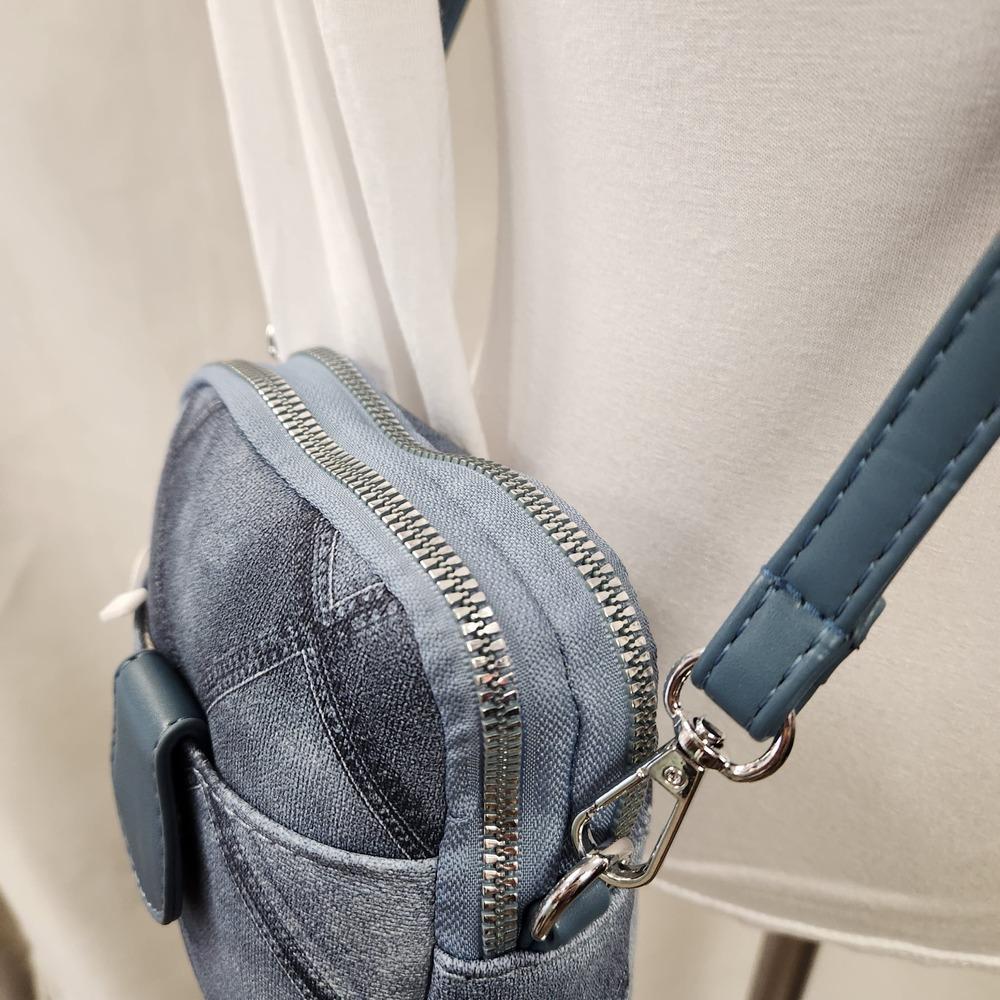 Top view of Grey blue jean print side bag with pockets