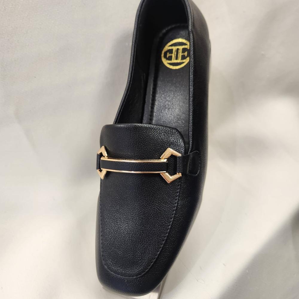 Fancy black flat shoes for women with gold trim