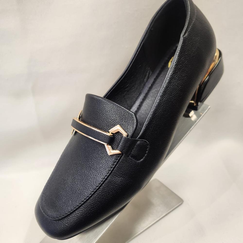 Fancy black flat shoes for women with gold trim
