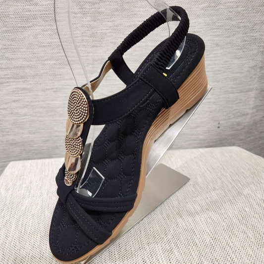 Side view of black upper summer sandals with sling back