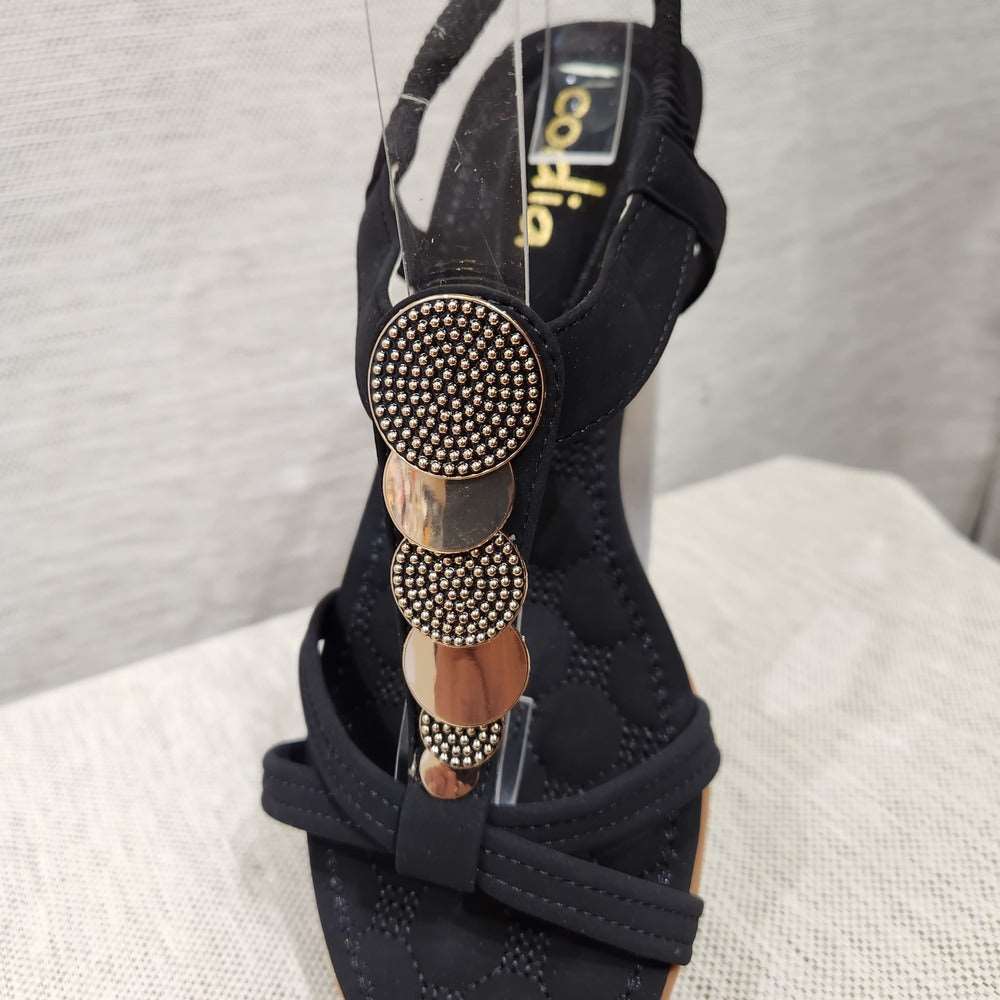 Front view of Black upper summer sandals with sling back