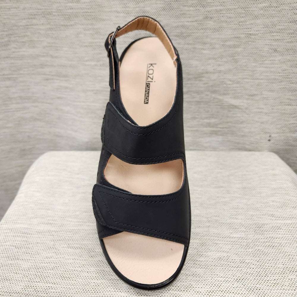 Front view of black orthopedic summer sandal with velcro closure