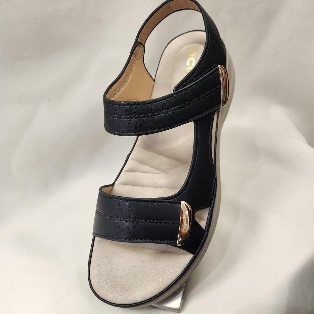 Front view Black summer sandal with velcro closure and back strap