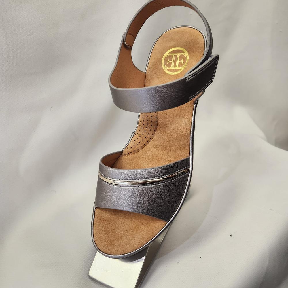 Front view of Pewter summer sandal with velcro closure