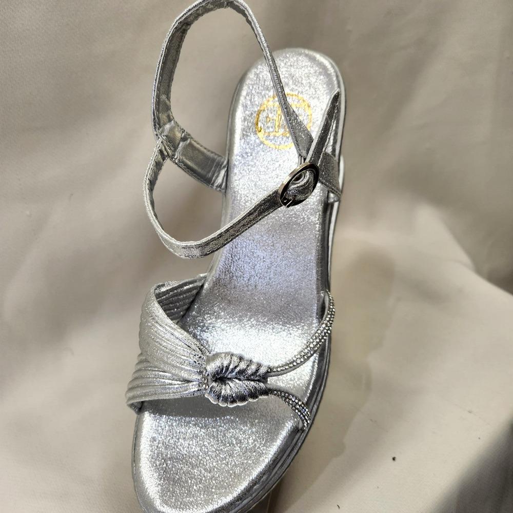 Front view of Silver summer sandal with buckle fastening