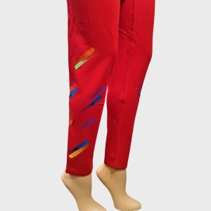 Red leggings with colorful pattern on the side